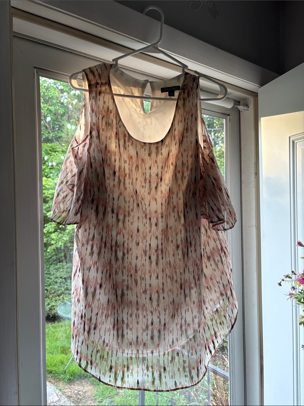 Sheer Printed Cold-Shoulder Blouse - Pink Multi